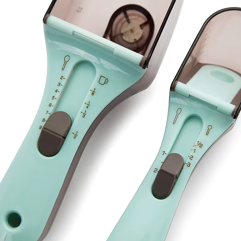 Set of 2 Adjustable Measuring Spoons Large and Small for Baking with Transparent Design and Measurement Scale for Flour Sugar Or